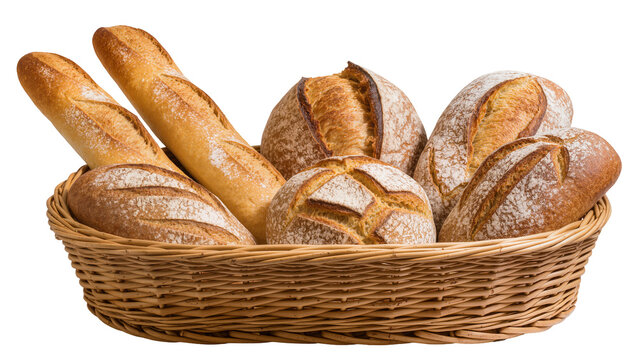 Wicker basket filled with assorted artisan breads and baguettes