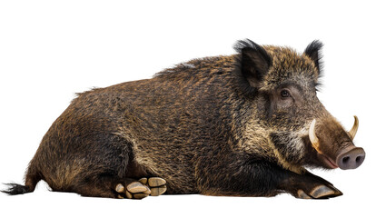 Wild boar resting on white surface, tusks visible © Clementine