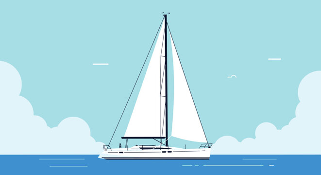 Elegant white sailboat sailing on the calm blue ocean under a clear sky in a flat vector illustration style.