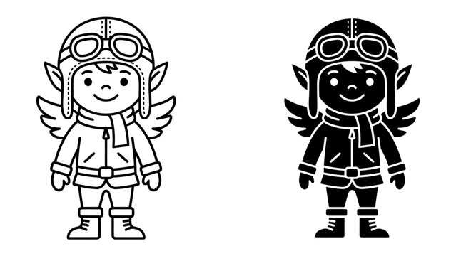 Cute Cartoon Elf Pilot: A charming cartoon elf character, depicted in both outline and silhouette, wears aviator goggles, a scarf, and a jacket, ready for an adventure in the sky.