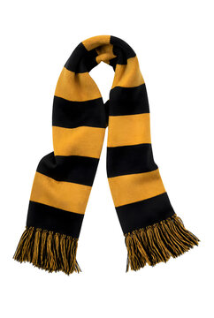 Black And Gold Striped Winter Scarf With Knitted Texture And Fringe On Transparent Background