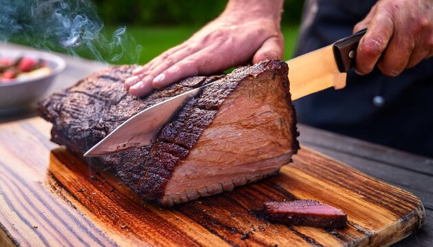 smoked beef brisket being sliced with a sharp knife on a wooden board at an outdoor bbq juicy meat with pink smoke ring traditional american barbecue memorial day cookout