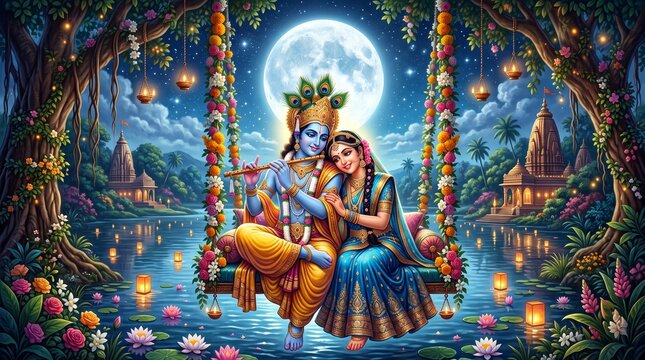 Divine Radha and Krishna sitting together on a floral swing under the full moon