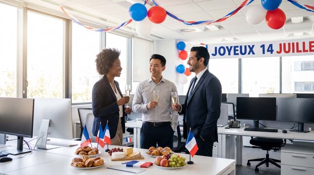 Two diverse colleagues review work on a tablet with French flags during Bastille Day office celebration, ideal for corporate collaboration and diversity marketing