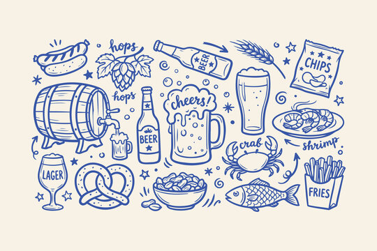 Hand drawn beer and snacks doodle set with beer mugs bottles barrel pretzels chips shrimp crab fish and french fries Vector, illustration