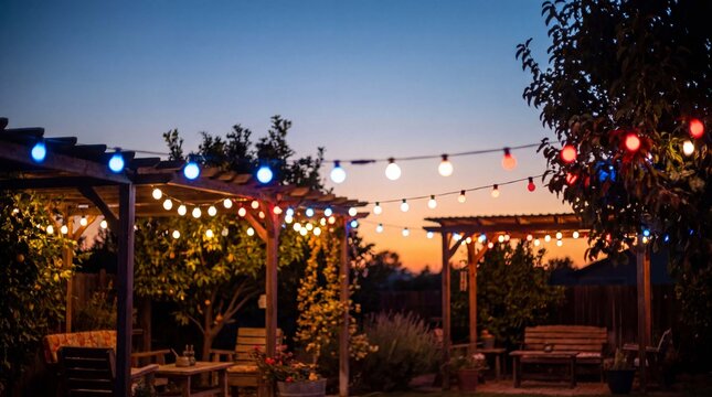 Magical Bastille Day celebration showcases tricolor string lights glowing at dusk for festive French outdoor evening party decoration background design poster