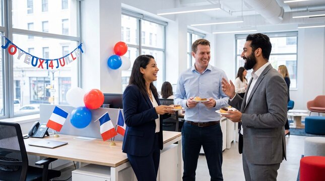 Three diverse business professionals celebrate Bastille Day with French flags and food in a bright modern office, perfect for corporate lifestyle marketing content