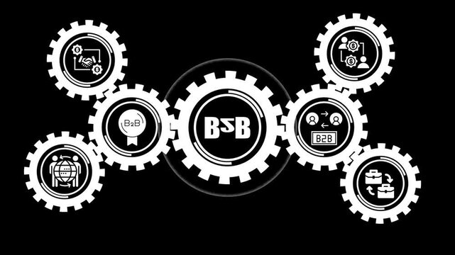 B2 b business strategy concept with rotating gears and corporate animation on black background
