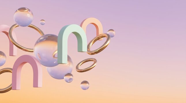 Abstract 3D Pastel Shapes with Glass Spheres and Gold Rings