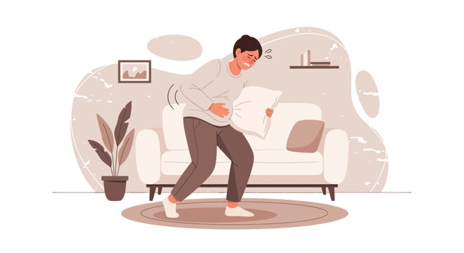 Person Experiencing Abdominal Discomfort Holding a Pillow and Gripping Their Stomach