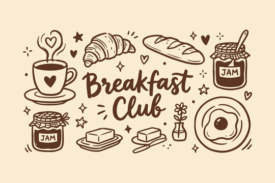 Breakfast club doodle illustration with coffee croissant bread jam and fried egg for morning menu and cafe design Vector, illustration
