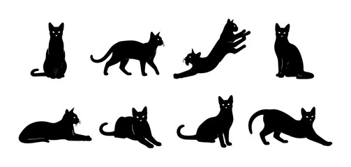 Fototapeta premium Black Cat Silhouettes Collection, Diverse Poses Vector Art, Feline Companions Graphic Elements, Domestic Animal Set