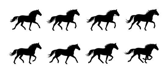 Fototapeta premium Horse Silhouette Animation Frames, Galloping Equine Motion Sequence, Black Animal Vector Art