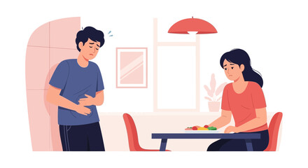 Fototapeta premium People Experiencing Discomfort: Food Poisoning, Poor Health, Or Unhealthy Meal Choices