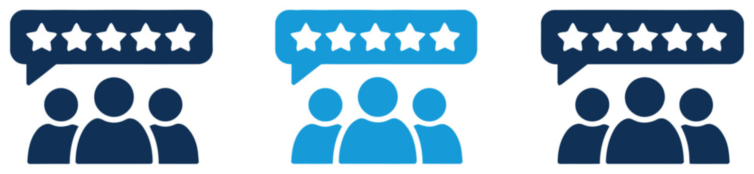 Customer review and rating icons with five stars feedback from users in three color variations for interface and vector illustration