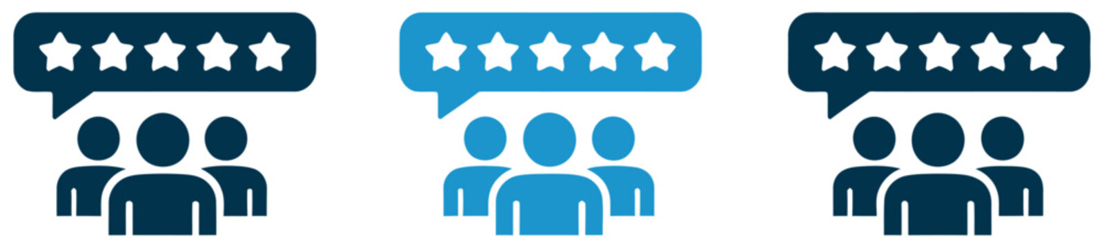 Customer review and rating icons showing five stars feedback from users in three color variations vector illustration