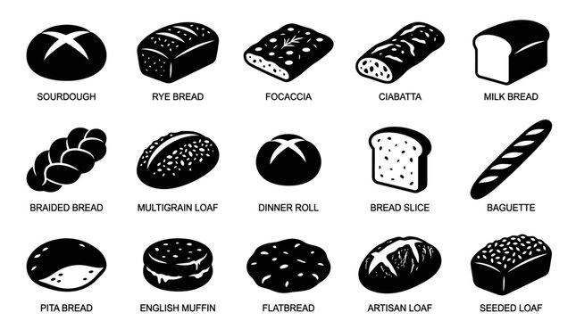 A collection of different types of bread and bakery product icons.