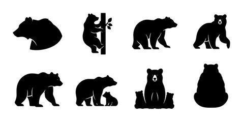 Bear Silhouettes Collection, Diverse Wildlife Poses, Vector Icons Set for Nature and Animal Graphics © Rumman