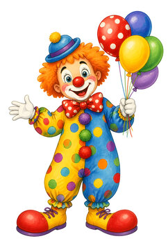 Cheerful Colorful Circus Clown Holding Balloons And Waving In Festive Costume On Transparent Background