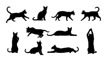 Obraz premium Black Cat Silhouettes Collection, Diverse Poses Vector Set, Elegant Feline Animal Graphics, Minimalist Domestic Pet Illustrations