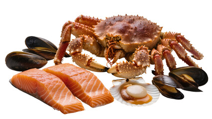 King crab salmon fillets mussels, and scallop in shell © Clementine