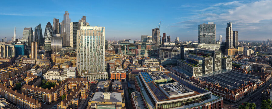 Aerial Panorama of City of London Financial District from Spitalfields