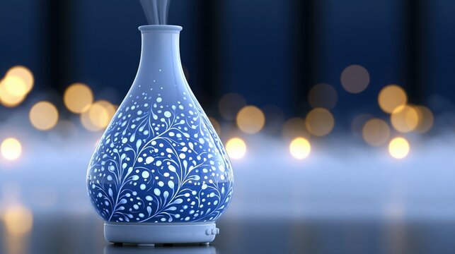 Aromatherapy Diffuser with Decorative Pattern Emitting Steam in a Moody, Bokeh Lit Atmosphere