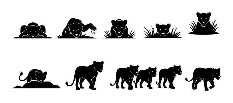 Black Panther Vector Silhouettes: Cub and Adult Poses, Jungle Wildlife Collection, Stealthy Predator Graphics