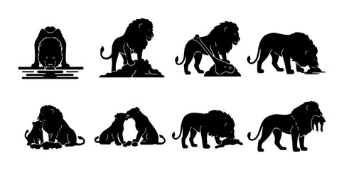 Lion Silhouette Collection, Majestic Big Cat Icons, Wildlife Vector Art, Family and Hunting Scenes, Black and White Animal Graphics © Rumman