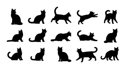 Fototapeta premium Collection of 15 Black Cat Silhouettes, Diverse Poses, Vector Icons for Pet Lovers and Animal Graphics
