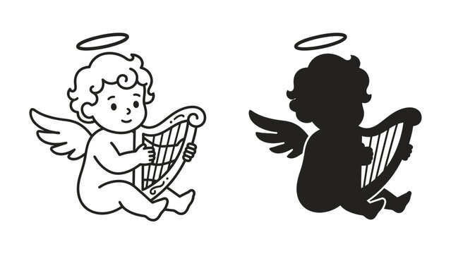 Cupid's Serenade: A charming depiction of a cherub, both in outline and silhouette, playing a harp, with a halo above its head and angelic wings spread, embodying innocence and celestial music.