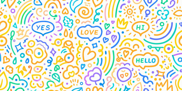 Colorful hand drawn doodle pattern featuring shapes words and whimsical elements