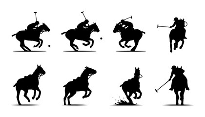 Fototapeta premium Polo Horse Silhouette Collection, Equestrian Sport Action Poses, Dynamic Rider Silhouettes, Set of 8 Vector Graphics