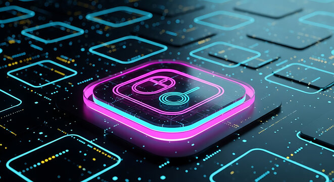 Abstract digital circuit board interface with glowing computer mouse icon technology computer interface hardware electronic connection information processor communication innovation