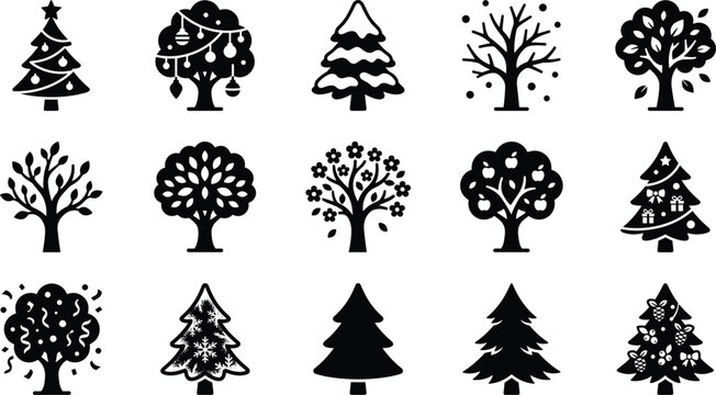 Set of black tree icons including christmas pine trees and seasonal nature plants isolated on white background