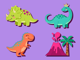 Set of Cute Cartoon Dinosaurs Including T-Rex, Triceratops, Brontosaurus with Crown and Erupting Volcano, Kawaii Prehistoric Illustration for Kids Decor © Hasanah