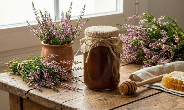 Tarro de miel artesanal con flores de brezo del Rasillo de Cameros la Rioja, panal y cuchara mielera sobre mesa r&uacute;stica de madera