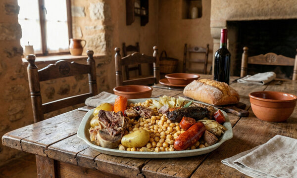 Cocido madrile&ntilde;o tradicional con garbanzos, carne y embutidos en una mesa r&uacute;stica de madera