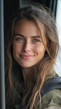 Young woman with long brown hair and blue eyes looking directly at camera.