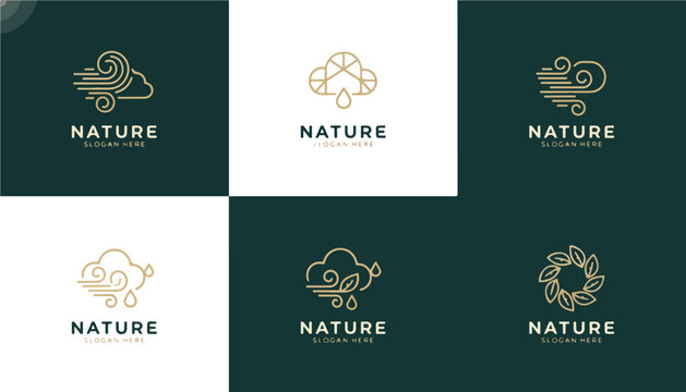 Set of minimalist nature themed logos with cloud and plant elements.