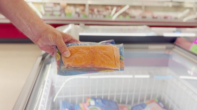 Male Hand Holding a Pack of Red Fish (Salmon) in Front of a Refrigerated Display Case in a Supermarket