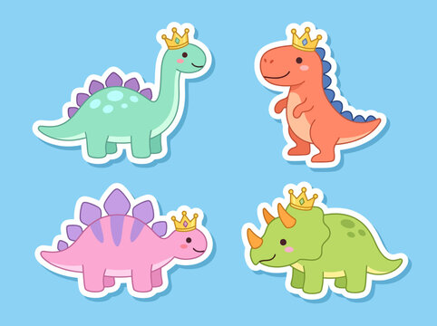 Cute Cartoon Dinosaur Stickers with Gold Crowns Set