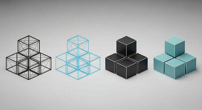 Isometric cube construction stages from blueprint to final object with isometric blueprint construction development architecture wireframe geometry structure technical engineering modelling