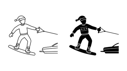 Christmas Snowboarder Vector: A festive outline and silhouette depiction of a snowboarder wearing a Santa hat, carving through a snowy landscape. © Md
