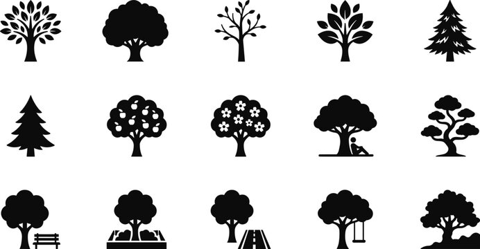 Set of black tree icons showing various shapes including oak pine blossom and fruit trees for nature and environment design projects