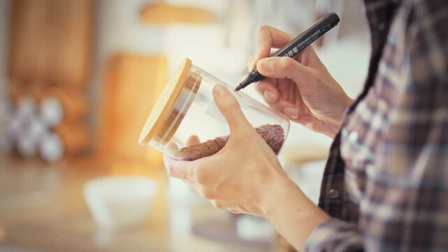 Labeling a glass jar, a girl in her home kitchen marks it rice for cereal storage, arranging transparent jars on the counter. This tidy habit showcases organized food keeping and household order