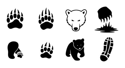 Bear Paw Prints and Silhouette Vector Icons, Wildlife Animal Tracks and Cub Graphics, Nature and Outdoor Adventure Symbols © Afif