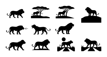 Fototapeta premium Lion Silhouettes Vector Collection: Majestic African Wildlife Icons, Safari Scenes, and Powerful Animal Poses for Nature Graphics