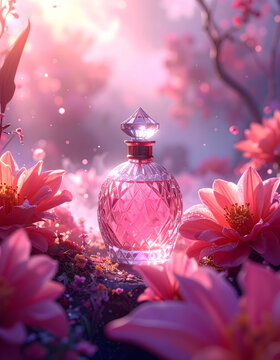 Bioluminescent Botanical Perfume: Serene enchantment radiates from pink glass perfume vessel nestled in luminous garden, surrounded by glowing flower bloom