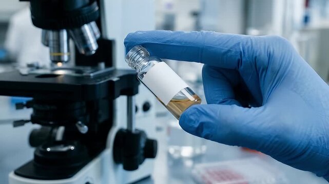 Scientist hand wearing blue glove holding small glass vial with liquid in laboratory setting near microscope for research and analysis, sample testing and scientific experiment